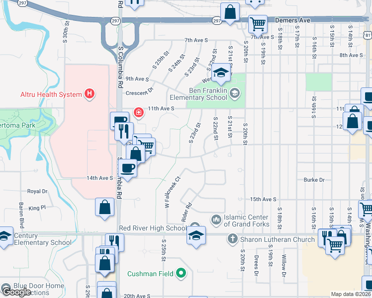 map of restaurants, bars, coffee shops, grocery stores, and more near 13th Ave S in Grand Forks
