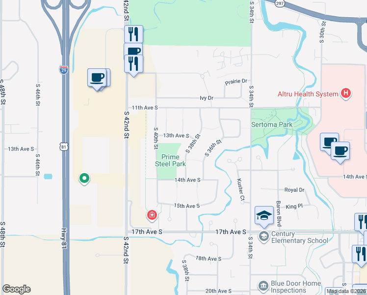 map of restaurants, bars, coffee shops, grocery stores, and more near 1329-1343 South 38th Street in Grand Forks