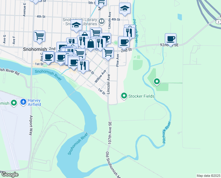 map of restaurants, bars, coffee shops, grocery stores, and more near 52 Pine Avenue in Snohomish