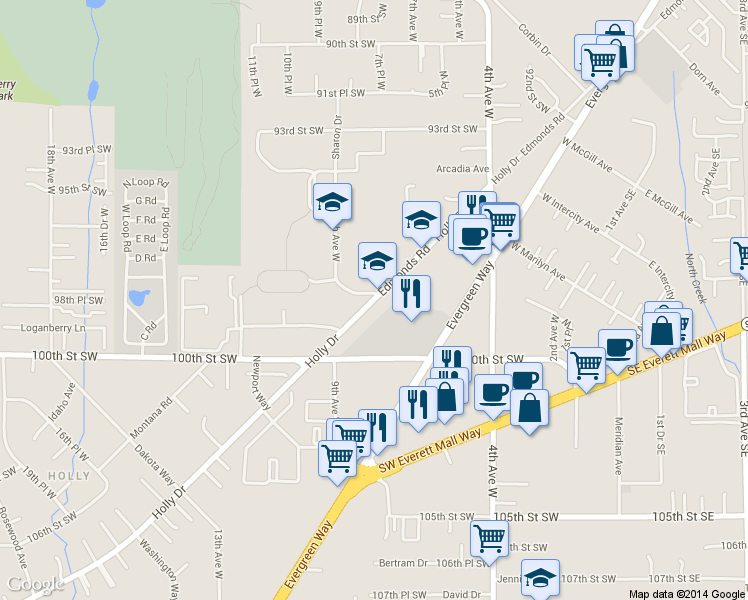 map of restaurants, bars, coffee shops, grocery stores, and more near 9815 Holly Drive in Everett