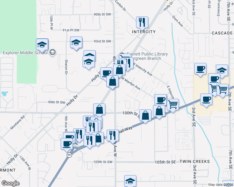 map of restaurants, bars, coffee shops, grocery stores, and more near 9745 4th Avenue West in Everett