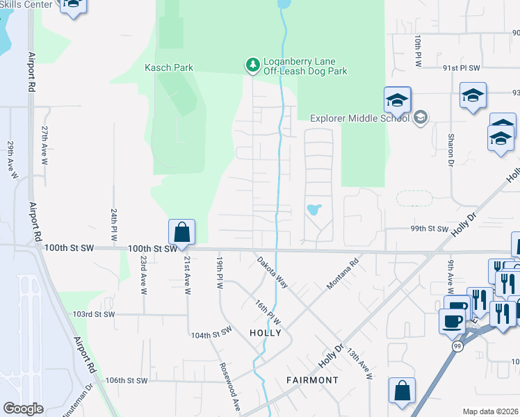 map of restaurants, bars, coffee shops, grocery stores, and more near 1727 98th Place Southwest in Everett