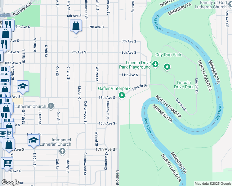map of restaurants, bars, coffee shops, grocery stores, and more near 1216 Belmont Road in Grand Forks