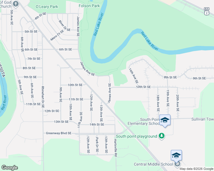 map of restaurants, bars, coffee shops, grocery stores, and more near 1011 James Avenue Southeast in East Grand Forks