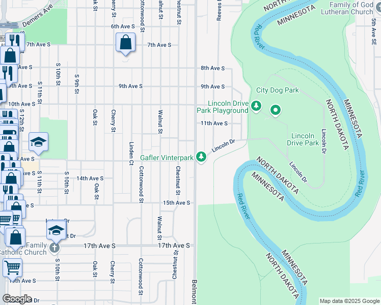 map of restaurants, bars, coffee shops, grocery stores, and more near 1216 Belmont Road in Grand Forks