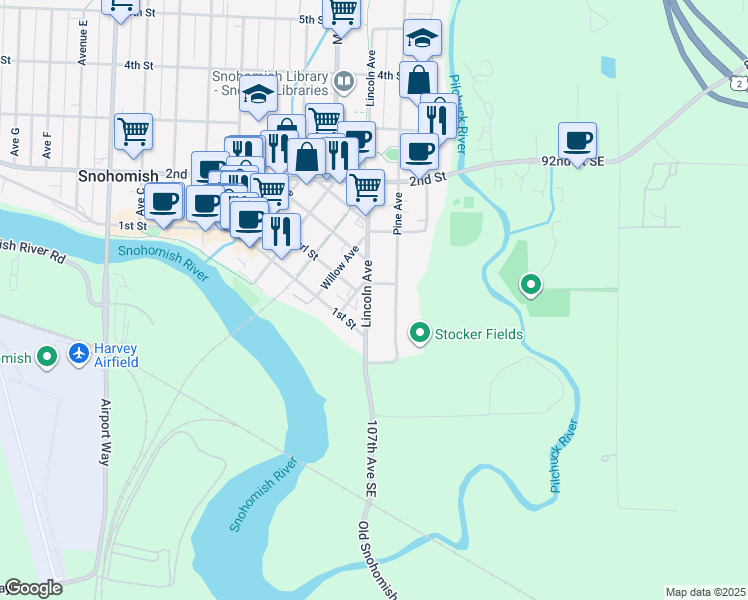 map of restaurants, bars, coffee shops, grocery stores, and more near 106 Pine Avenue in Snohomish