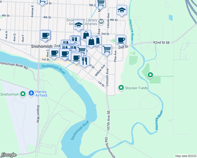 map of restaurants, bars, coffee shops, grocery stores, and more near 507 Pearl Street in Snohomish