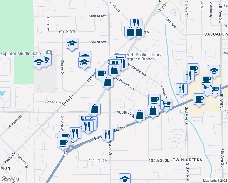 map of restaurants, bars, coffee shops, grocery stores, and more near 230 West Marilyn Avenue in Everett