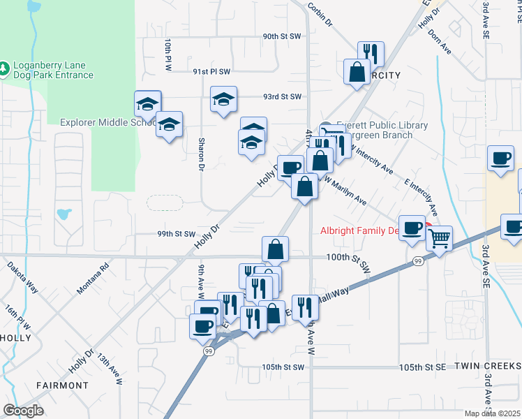 map of restaurants, bars, coffee shops, grocery stores, and more near 9618 Holly Drive in Everett