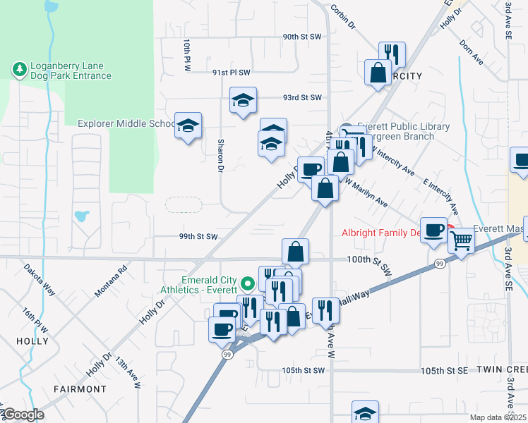 map of restaurants, bars, coffee shops, grocery stores, and more near 9618 Holly Drive in Everett