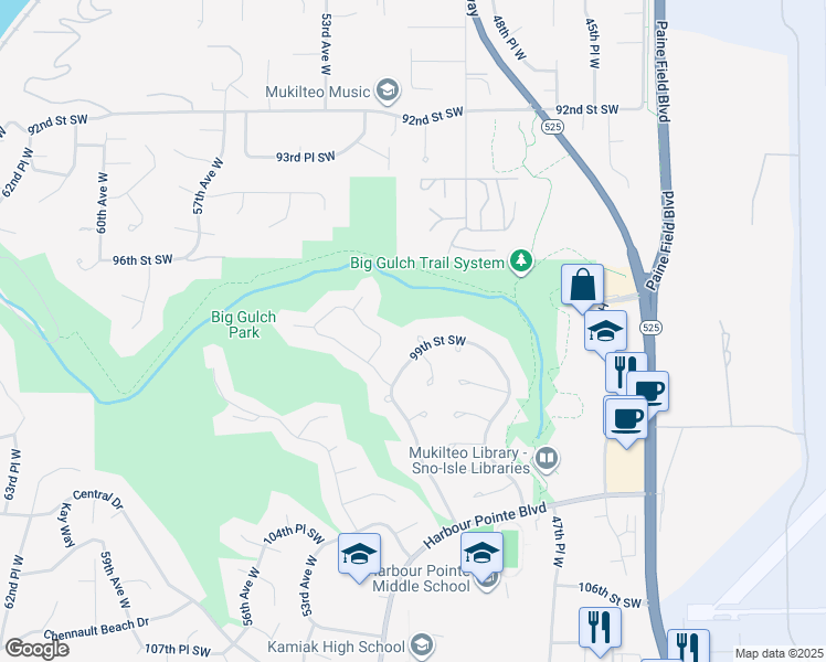 map of restaurants, bars, coffee shops, grocery stores, and more near 5019 99th Street Southwest in Mukilteo