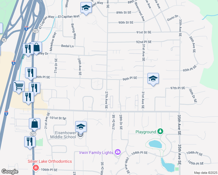 map of restaurants, bars, coffee shops, grocery stores, and more near 9625 27th Avenue Southeast in Everett