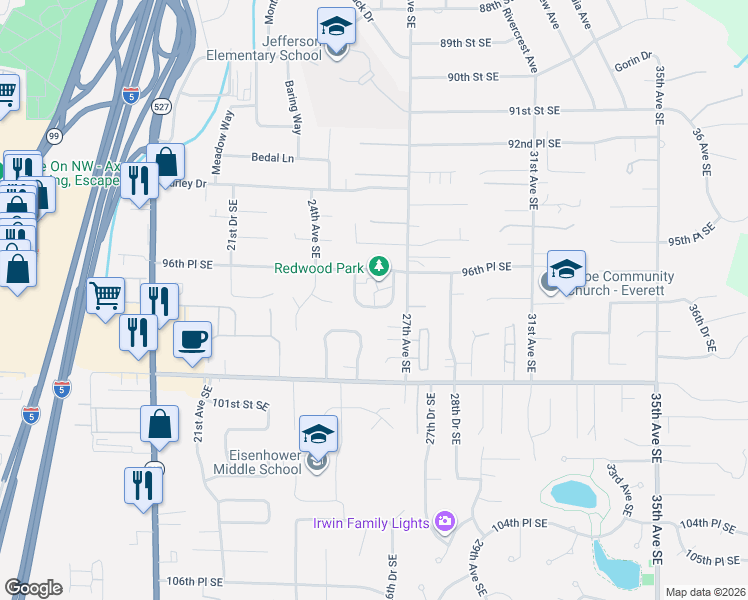map of restaurants, bars, coffee shops, grocery stores, and more near 9609 25th Drive Southeast in Everett