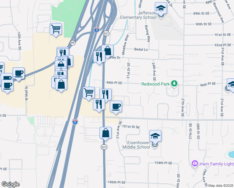 map of restaurants, bars, coffee shops, grocery stores, and more near 2018 96th Place Southeast in Everett