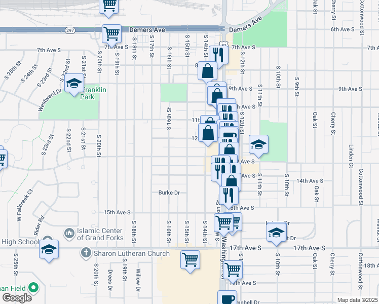 map of restaurants, bars, coffee shops, grocery stores, and more near 1507 12th Avenue South in Grand Forks