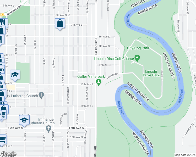 map of restaurants, bars, coffee shops, grocery stores, and more near 1209 Belmont Road in Grand Forks