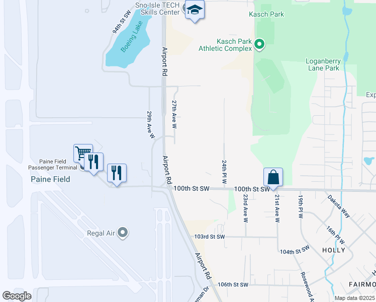 map of restaurants, bars, coffee shops, grocery stores, and more near 9819 Airport Road in Everett