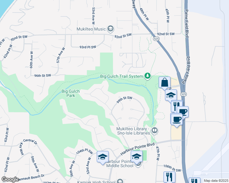 map of restaurants, bars, coffee shops, grocery stores, and more near 5019 99th Street Southwest in Mukilteo
