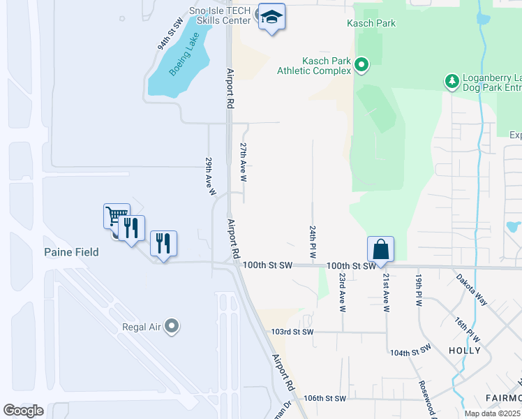 map of restaurants, bars, coffee shops, grocery stores, and more near 9801 27th Pl W in Everett
