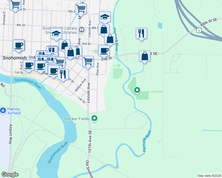 map of restaurants, bars, coffee shops, grocery stores, and more near 101 Pine Avenue in Snohomish