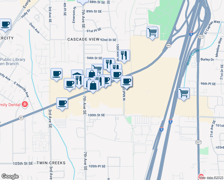 map of restaurants, bars, coffee shops, grocery stores, and more near 910 Southeast Everett Mall Way in Everett