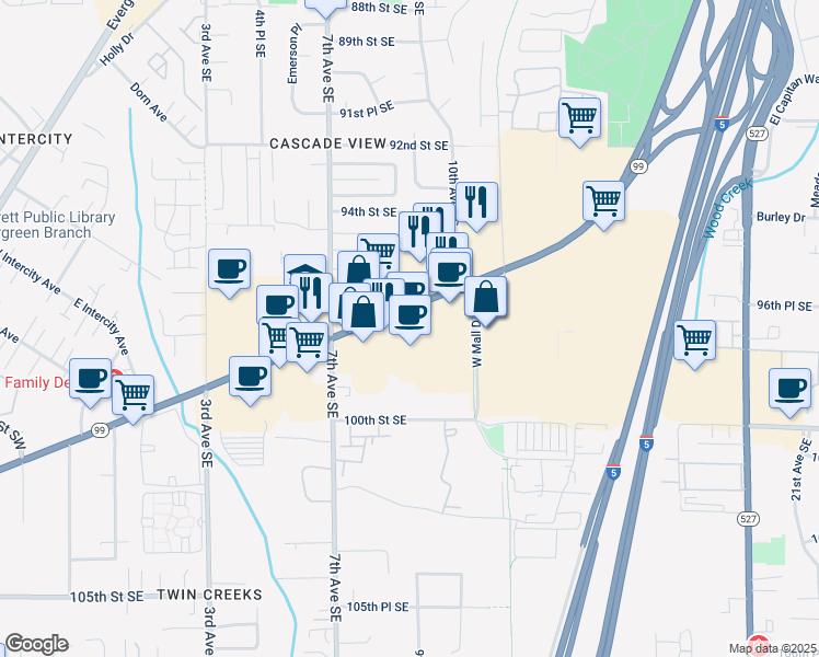 map of restaurants, bars, coffee shops, grocery stores, and more near 910 Southeast Everett Mall Way in Everett