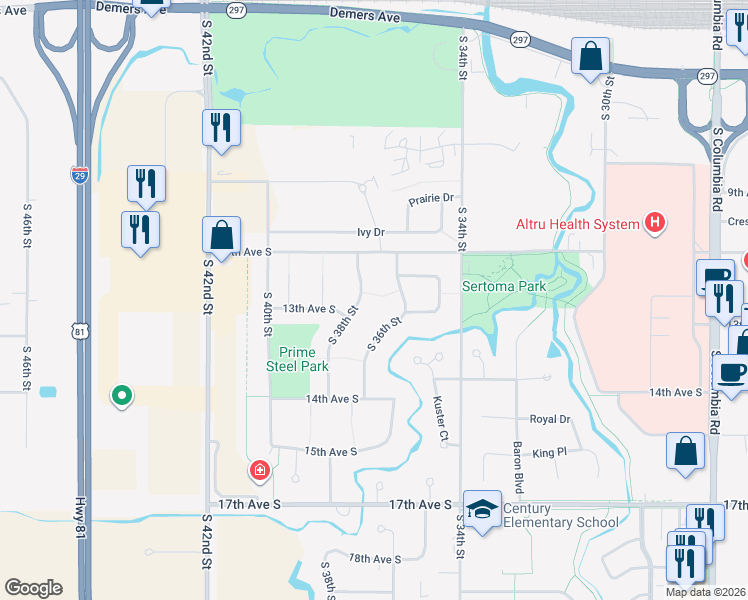 map of restaurants, bars, coffee shops, grocery stores, and more near 1203 South 38th Street in Grand Forks