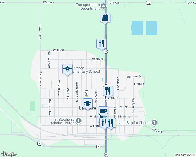 map of restaurants, bars, coffee shops, grocery stores, and more near 711 Terry Avenue in Larimore