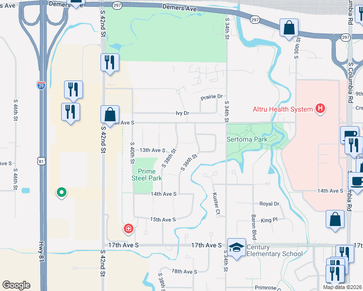 map of restaurants, bars, coffee shops, grocery stores, and more near 1203 South 38th Street in Grand Forks