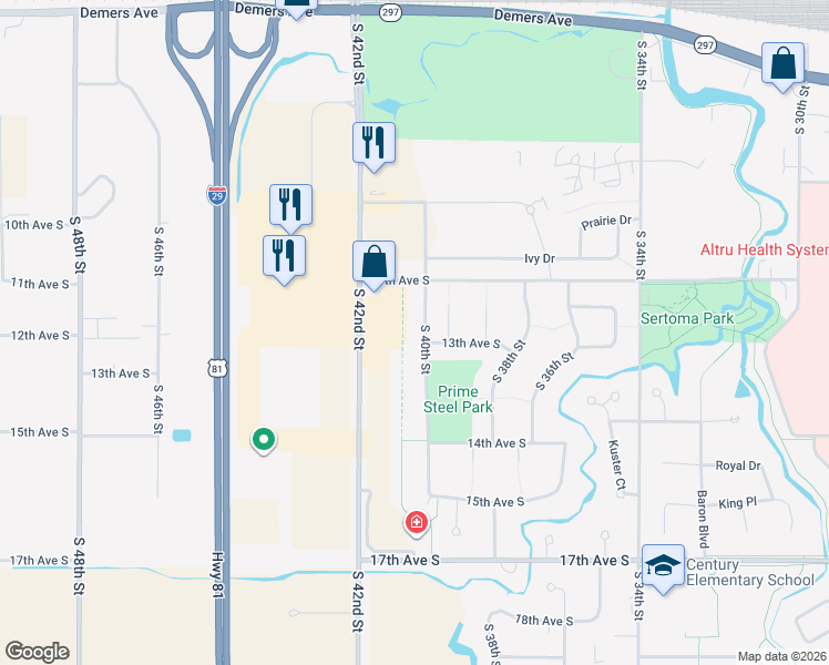 map of restaurants, bars, coffee shops, grocery stores, and more near 1264 S 40th St in Grand Forks