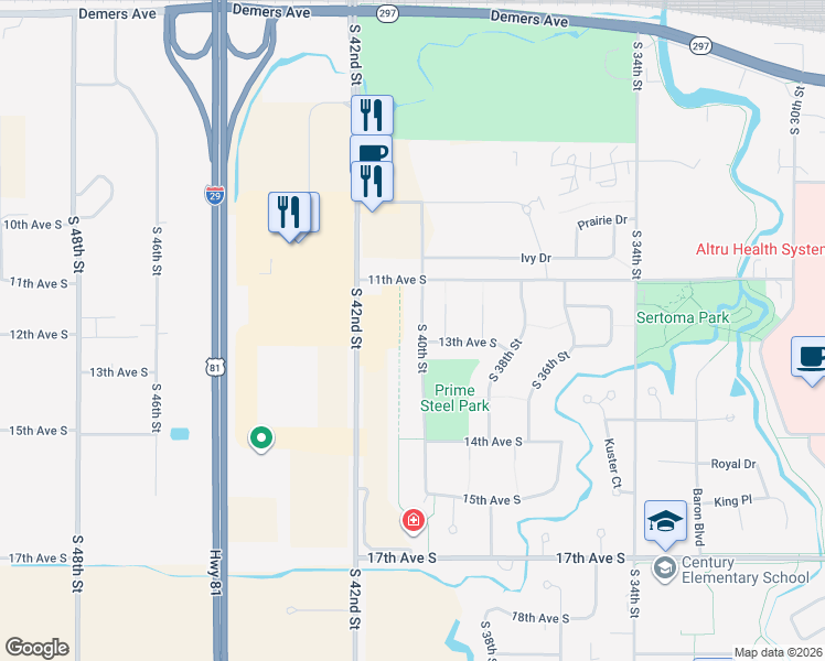 map of restaurants, bars, coffee shops, grocery stores, and more near 1264 South 40th Street in Grand Forks