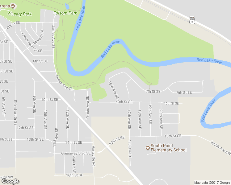 map of restaurants, bars, coffee shops, grocery stores, and more near 905 16th Avenue Southeast in East Grand Forks