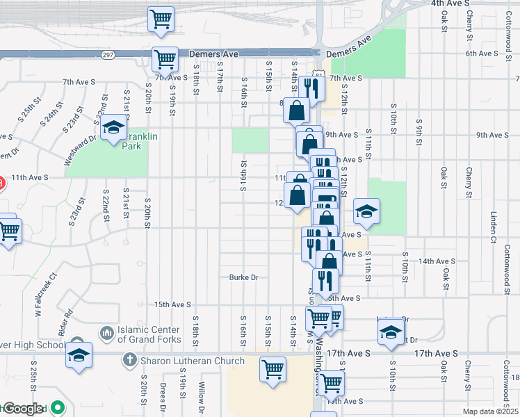 map of restaurants, bars, coffee shops, grocery stores, and more near 1507 12th Avenue South in Grand Forks