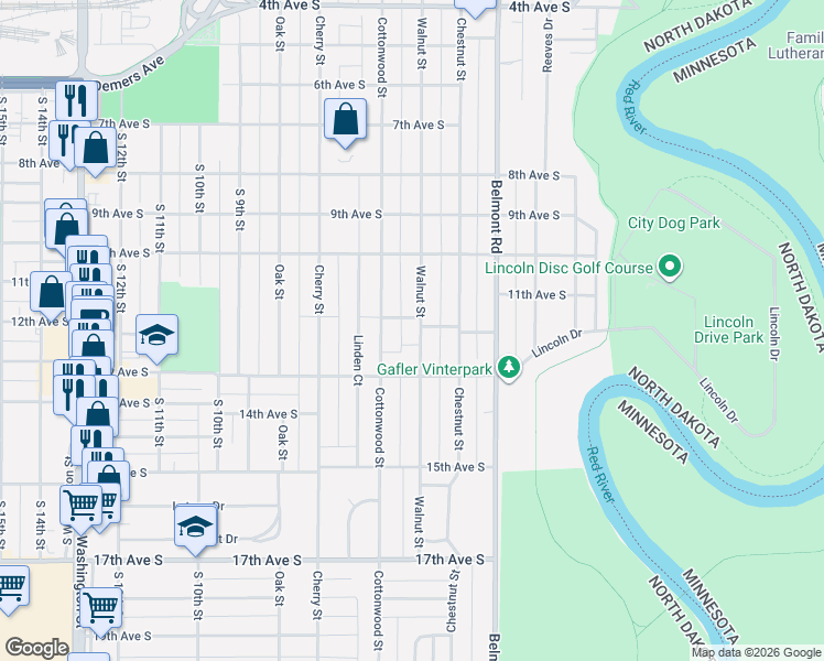 map of restaurants, bars, coffee shops, grocery stores, and more near 1206 Walnut Street in Grand Forks