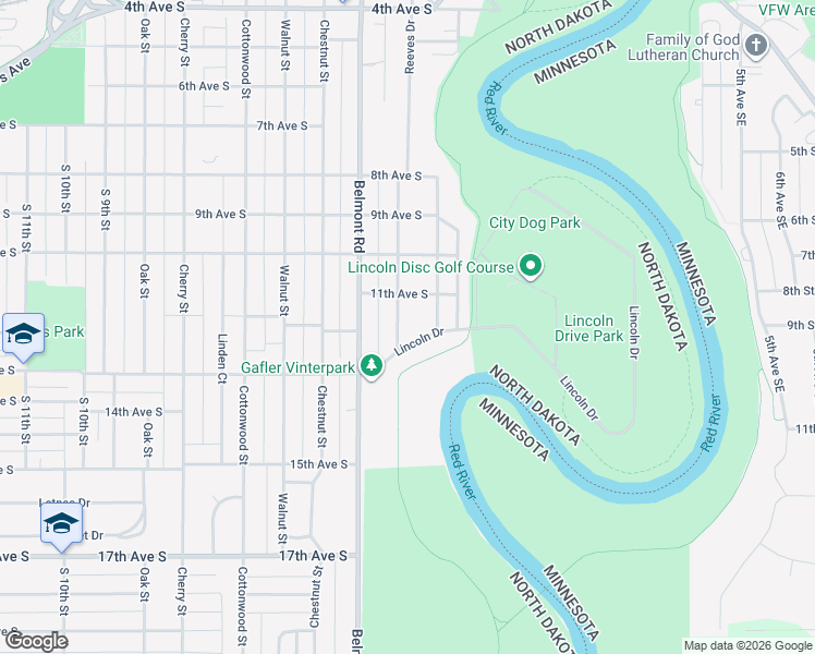 map of restaurants, bars, coffee shops, grocery stores, and more near 1122 Reeves Drive in Grand Forks