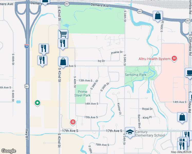 map of restaurants, bars, coffee shops, grocery stores, and more near 1203 South 38th Street in Grand Forks