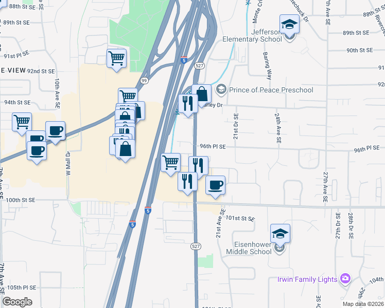 map of restaurants, bars, coffee shops, grocery stores, and more near 9620 19th Avenue Southeast in Everett