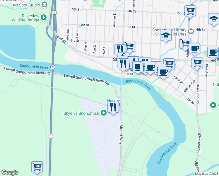 map of restaurants, bars, coffee shops, grocery stores, and more near 9806 Lowell Snohomish River Road in Snohomish