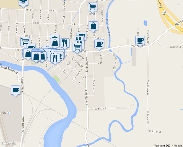 map of restaurants, bars, coffee shops, grocery stores, and more near 106 Pine Ave in Snohomish