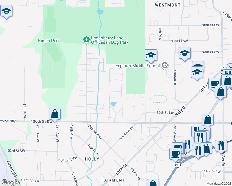 map of restaurants, bars, coffee shops, grocery stores, and more near 1427 100th Street Southwest in Everett