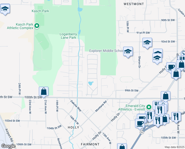 map of restaurants, bars, coffee shops, grocery stores, and more near 1427 100th Street Southwest in Everett