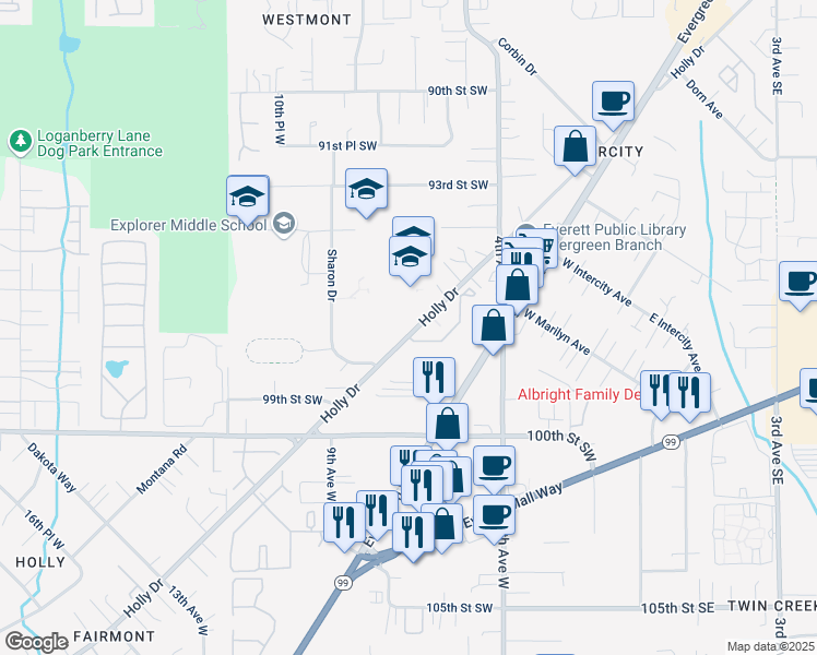 map of restaurants, bars, coffee shops, grocery stores, and more near 9618 Holly Drive in Everett
