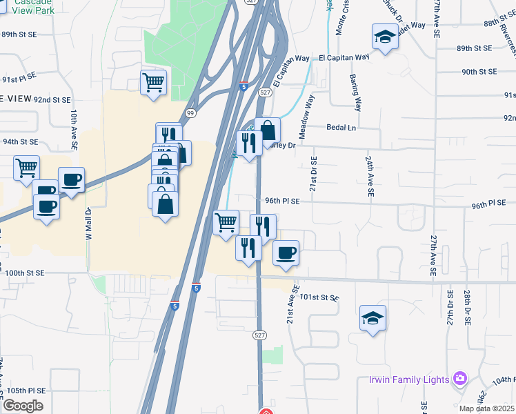 map of restaurants, bars, coffee shops, grocery stores, and more near 1916 96th Place Southeast in Everett