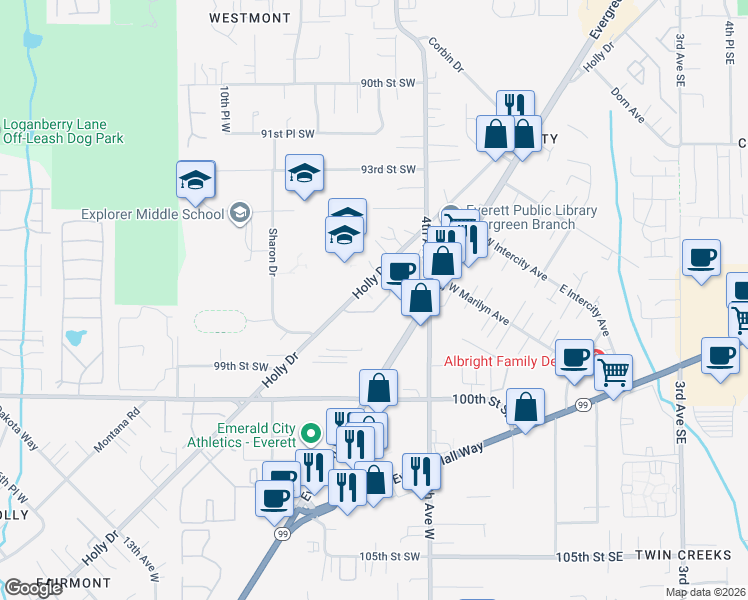 map of restaurants, bars, coffee shops, grocery stores, and more near 9615 Holly Drive in Everett
