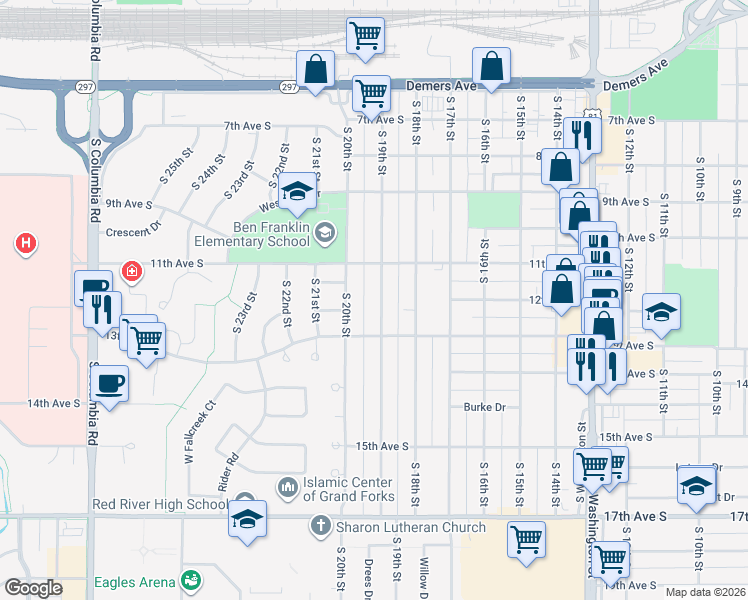 map of restaurants, bars, coffee shops, grocery stores, and more near 1206 South 19th Street in Grand Forks
