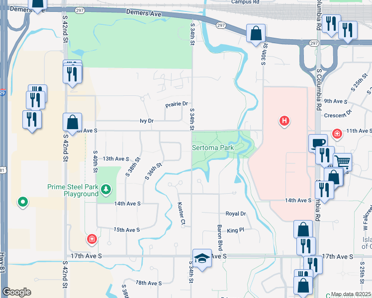 map of restaurants, bars, coffee shops, grocery stores, and more near 3504-3564 Norkota Court in Grand Forks