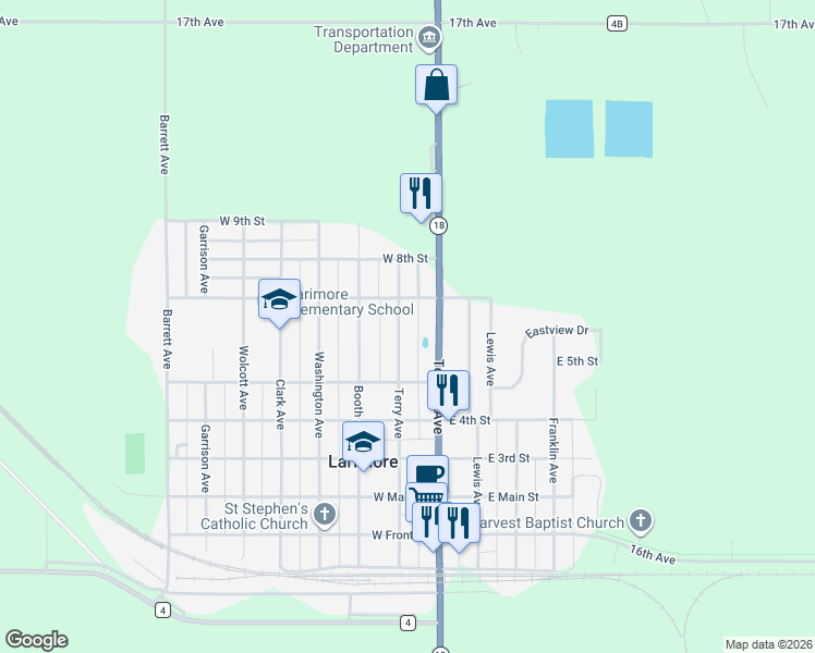 map of restaurants, bars, coffee shops, grocery stores, and more near 711 Terry Ave in Larimore