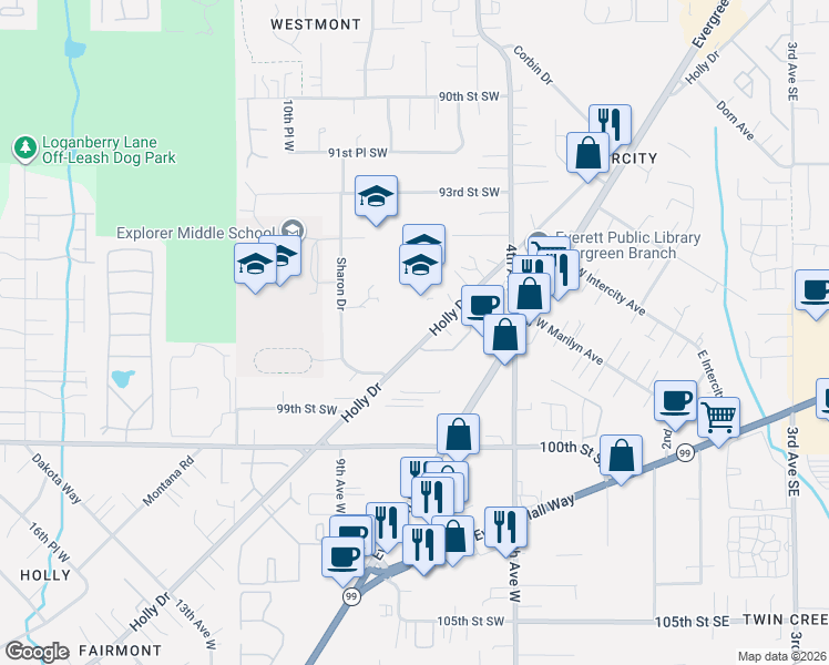 map of restaurants, bars, coffee shops, grocery stores, and more near 9618 Holly Drive in Everett
