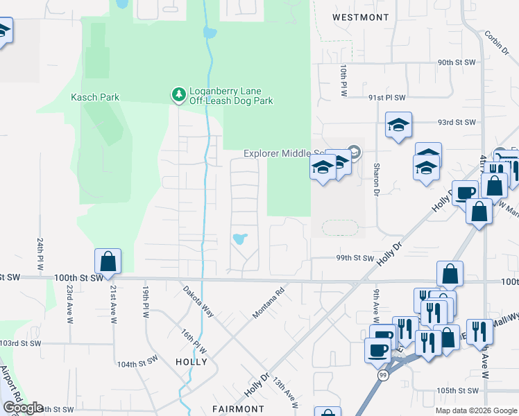 map of restaurants, bars, coffee shops, grocery stores, and more near E Loop Rd in Everett