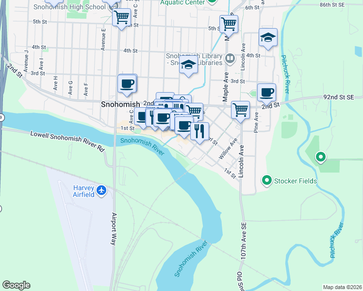 map of restaurants, bars, coffee shops, grocery stores, and more near 53 Cedar Avenue in Snohomish